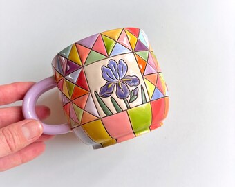 Patchwork handmade ceramic mug with irises, Spring colorful ceramic cup