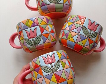 Patchwork handmade ceramic mug, Colorful ceramic mug with tulips