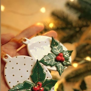 Ceramic Christmas Ornament with acebo and gold dots, Christmas decor image 3