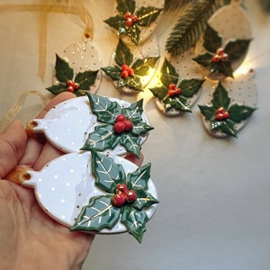 Ceramic Christmas Ornament with acebo and gold dots, Christmas decor image 10