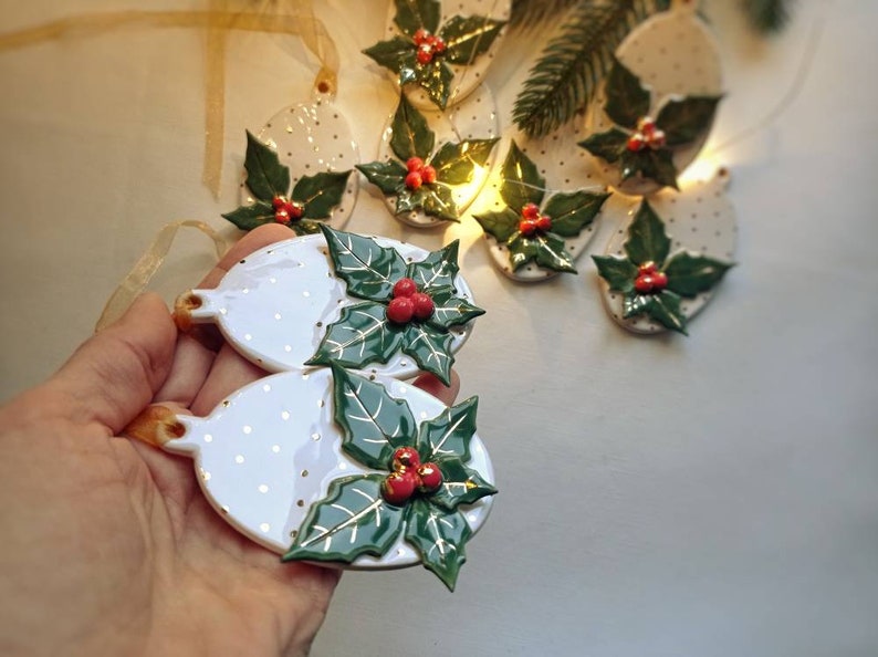 Ceramic Christmas Ornament with acebo and gold dots, Christmas decor image 10