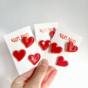 Red hearts handmade ceramic brooch (set of 3 pcs)