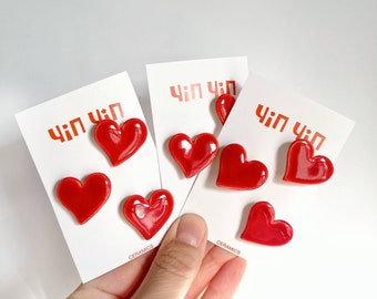 Red hearts handmade ceramic brooch (set of 3 pcs)