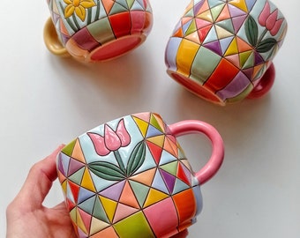 Patchwork handmade ceramic mug, Colorful ceramic mug with tulips