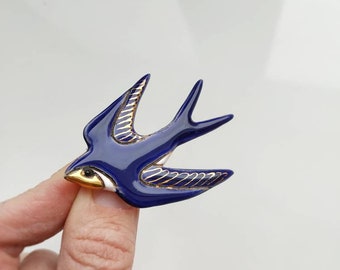 Blue swallow handmade ceramic brooch, bird ceramic brooch