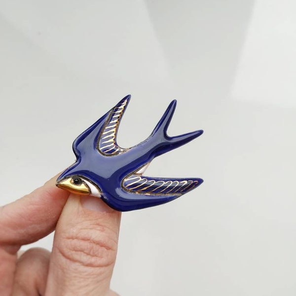 Blue swallow handmade ceramic brooch, bird ceramic brooch