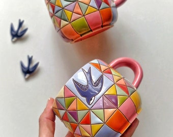 Patchwork handmade ceramic mug, Colorful ceramic mug with swallows