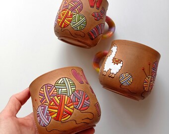 Handmade ceramic mug with yarn, gift for knitter