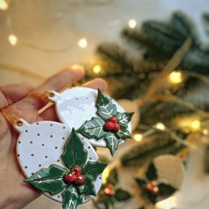 Ceramic Christmas Ornament with acebo and gold dots, Christmas decor image 8