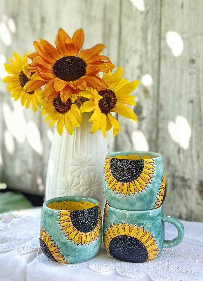 Zonnebloemen handgemaakte keramische mok afbeelding 7