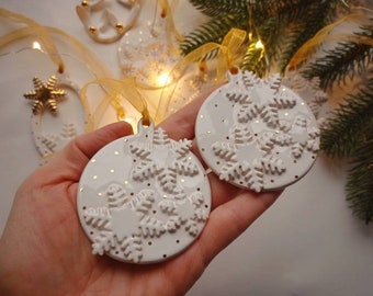 Ceramic Christmas ornament with snowflakes and gold dots, Christmas decor