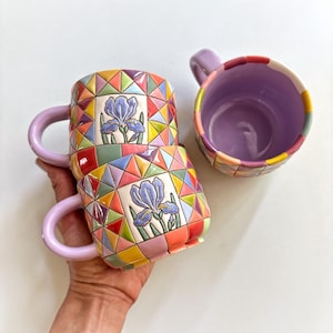 Patchwork handmade ceramic mug with irises, Spring colorful ceramic cup