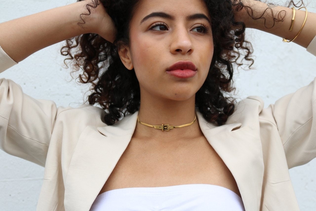 18K Choker Collar Necklace Gold Choker Buckle Chain Etsy