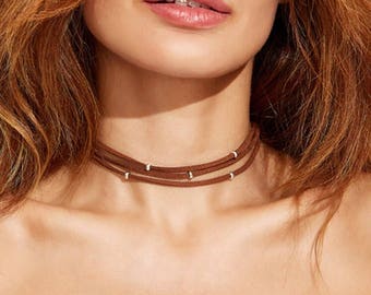 Brown Multilayer silver bead choker necklace