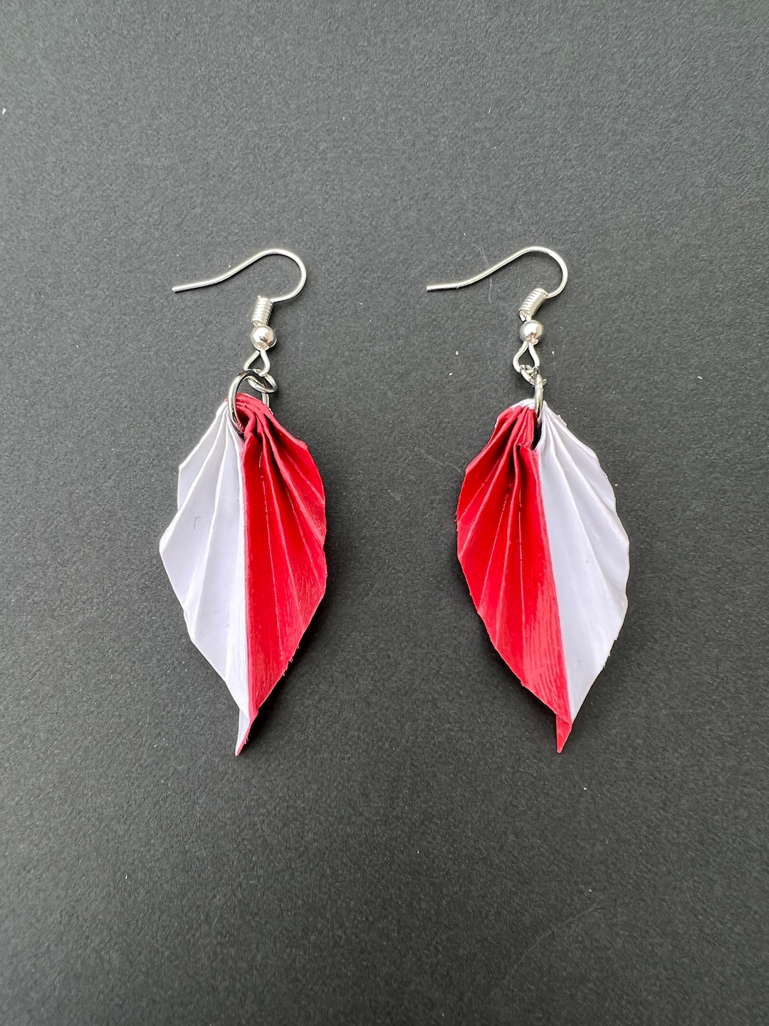 Origami Leaf Earrings Red and White, Handmade Lightweight, Gift for Her