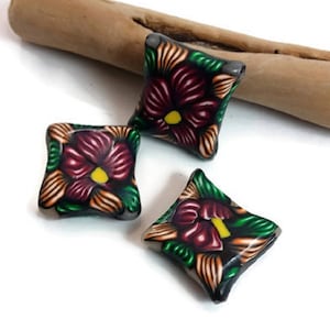 polymer clay beads, pillow beads, art beads, beading supplies, floral beads