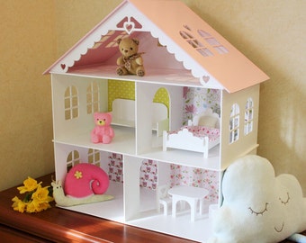 Wooden white Dollhouse kit, Plywood house, book shelf, Wood dolls house, Wooden doll house, Dollhouse Kit