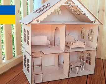 Wooden Dollhouse kit, Wood dollhouse with stairs and wooden furniture