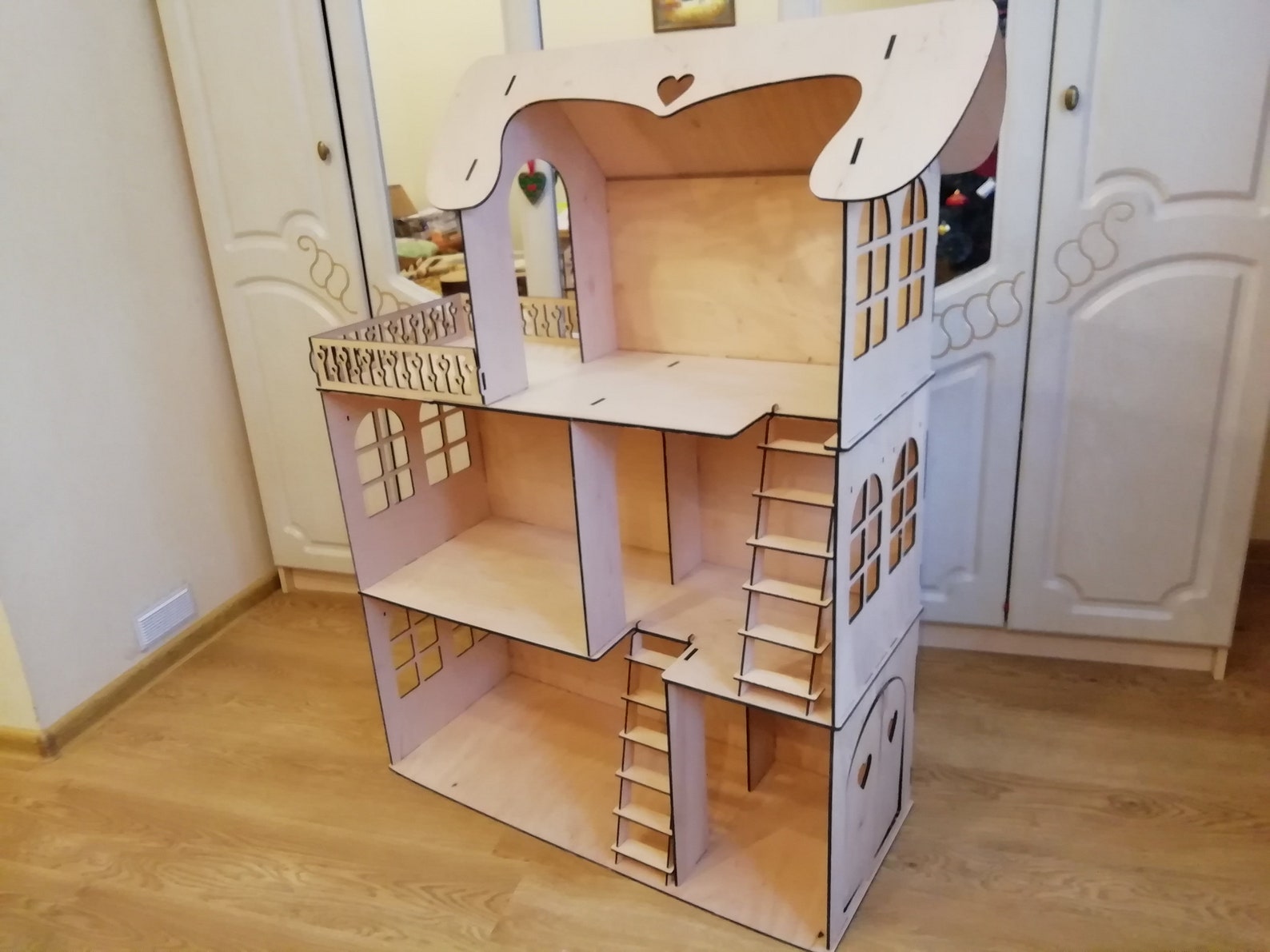 Wooden Dollhouse with 3 floors Wooden barbie doll house Etsy