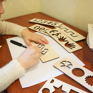 Montessori toy, Wooden stencils set, Montessori educational toy, Learning to write, Wooden toy, Numbers stencil, Writing stencil, Nikitin image 4