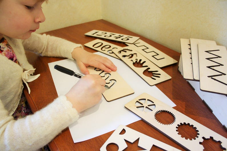 Montessori toy, Wooden stencils set, Montessori educational toy, Learning to write, Wooden toy, Numbers stencil, Writing stencil, Nikitin image 4