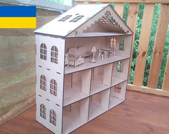 Wooden Dollhouse kit with furniture, Wooden dollhouse, Dollhouse furniture, Wood dollhouse