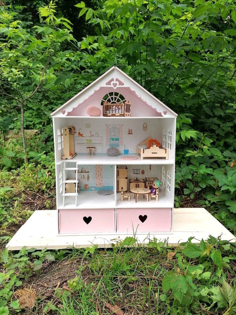 Wooden Dollhouse Toy Gift Dollhouse With Furniture Scale Etsy