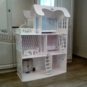 Dollhouse with 3 floors, Dollhouse with furniture, Wooden dollhouse, Dollhouse furniture, Plywood house, Dollhouse Kit