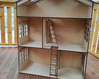 Wooden DollHouse 1:6, Wooden Dollhouse, Dollhouse miniature 3 floors, Doll house kit