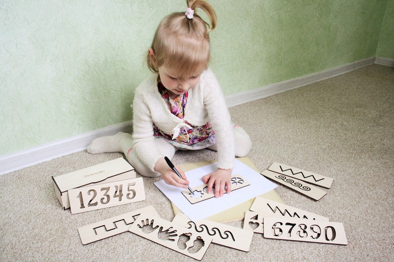 Montessori toy, Wooden stencils set, Montessori educational toy, Learning to write, Wooden toy, Numbers stencil, Writing stencil, Nikitin image 1