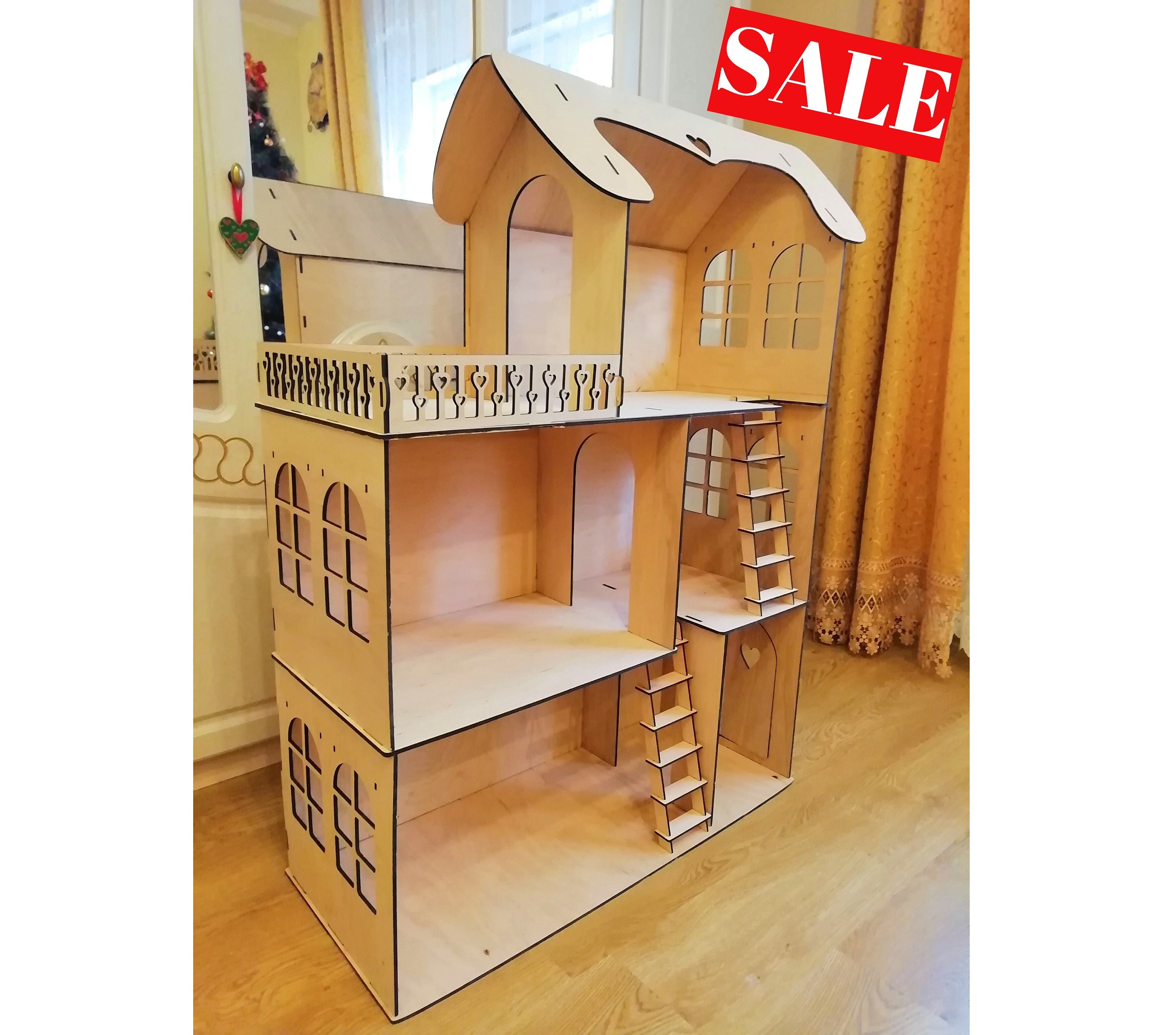 Wooden Dollhouse with 3 floors Wooden barbie doll house Etsy