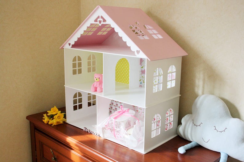 Wooden White Dollhouse Kit, Plywood House, Book Shelf, Wood Dolls House