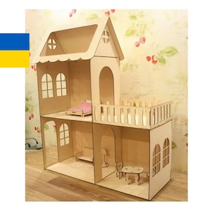 Wooden Dollhouse, Dollhouse Miniature,  doll house,  Girl house with attic , Nursery decor, Present for girl, Plywood house