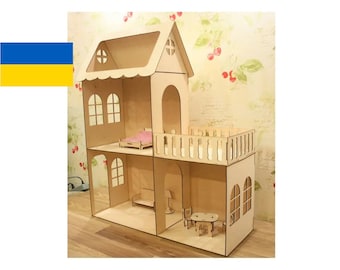 May include: A wooden doll's house with a white roof and a balcony. The doll's house has two floors and is painted in a light brown colour. The doll's house has windows and a door.
