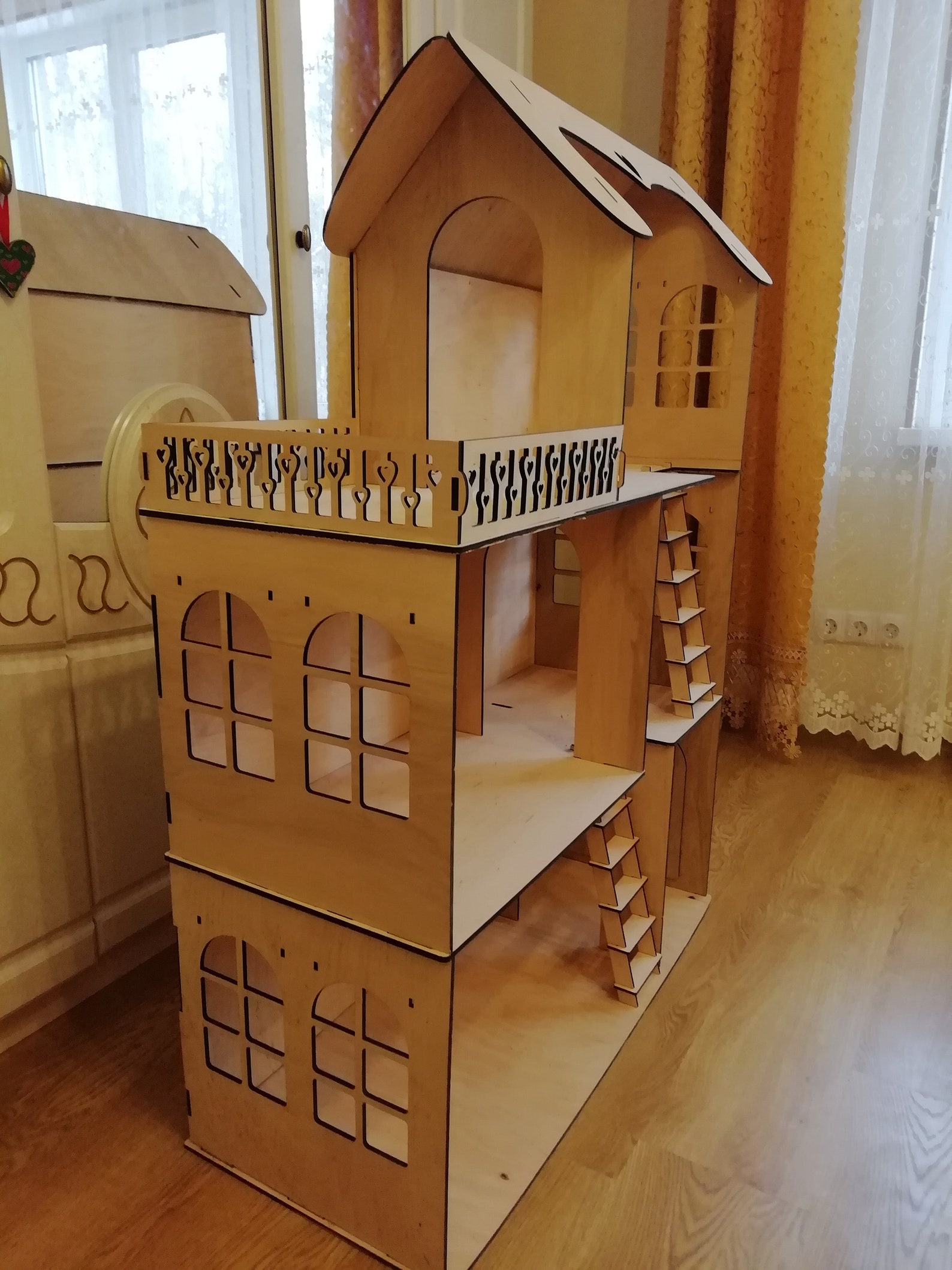 Wooden Dollhouse with 3 floors Wooden barbie doll house Etsy