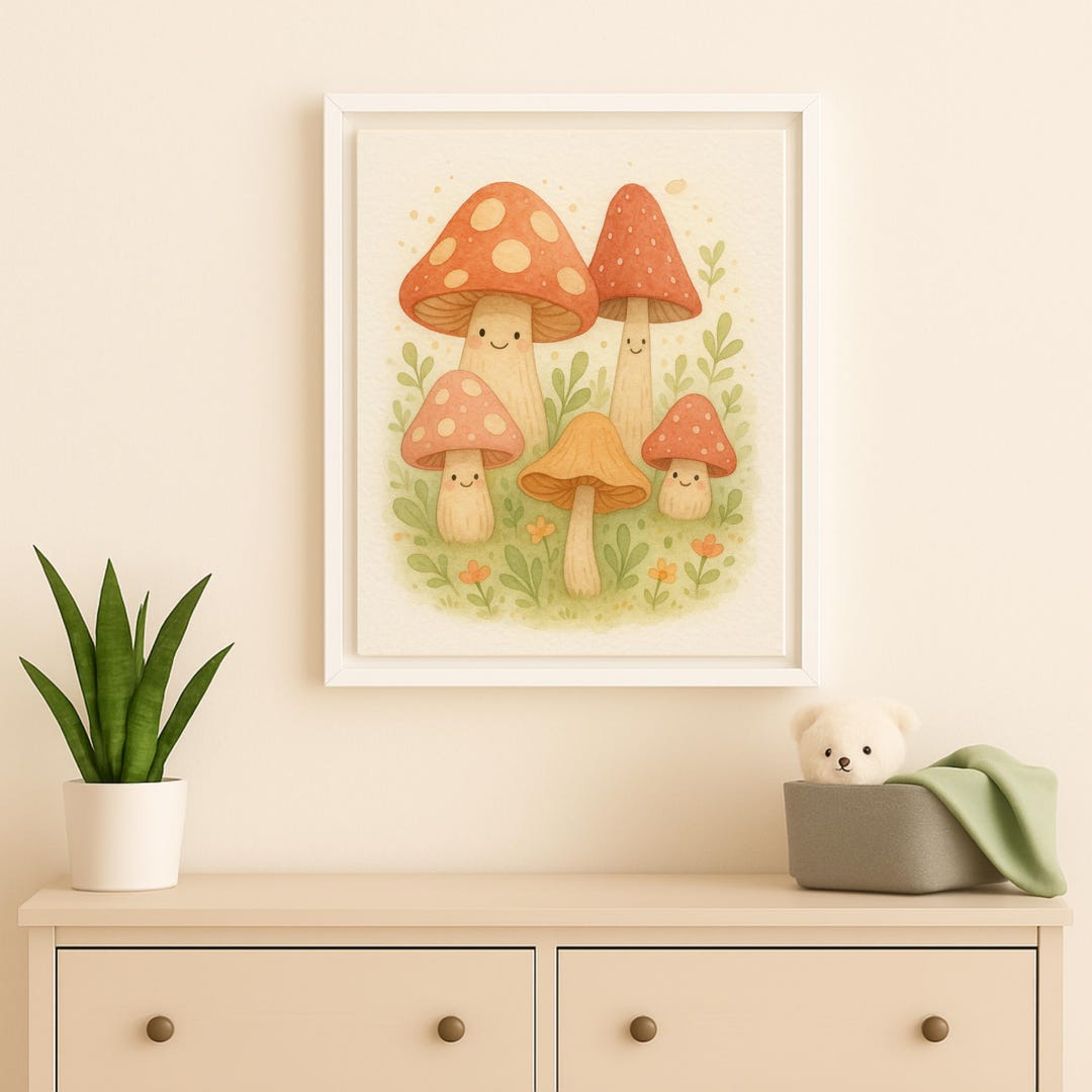 Cute Mushroom Art Print, Sunny, Framed Canvas Wall Art, Whimsical ...