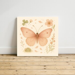 Blush Pink Butterfly Art , &quot;Blushglow&quot; Soft Woodland Floral Nursery Decor, Whimsical Square Butterfly Print
