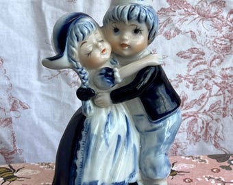 Vintage Delft Boy Girl Hugging Figurine, Blue White Porcelain Holland Home Decor