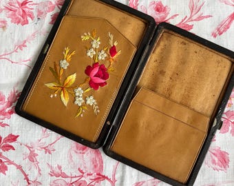 Victorian leather card case with floral embroidery detail
