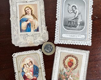 Bundle of 4 antique French religious/ prayer cards with fancy but worn perforated edges