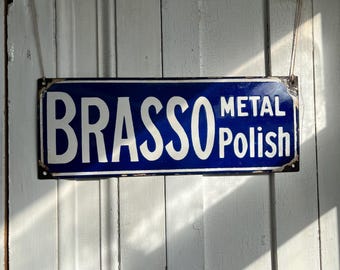 Vintage Brasso Advertising Sign – Blue & White Enamel on Steel