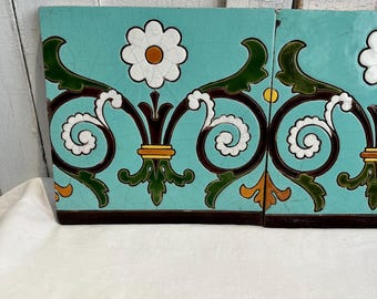 Antique European Pottery Tile – Bright Floral Glazed Ceramic, Architectural Salvage