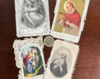 Bundle of 4 antique French religious/ prayer cards with fancy but worn perforated edges