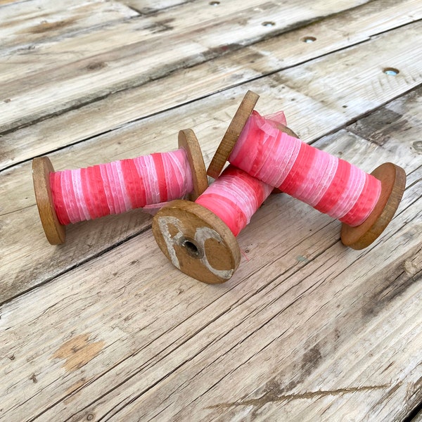 30 metres of variegated pink organza ribbon on a vintage french wooden industrial spool