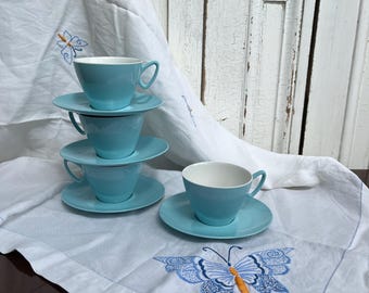 Vintage Gaydon Melmex Blue Tea Cups Saucers Set, 1950s Picnicware