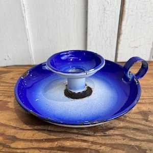 Vintage French blue and white Chippy Enamel Chamberstick Candle Holder