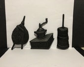 Set of 3 Kitchen wall plaque cast iron Bellows Coffee Grinder and Churn marked Taiwan