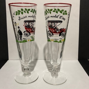 Set of 2 Red Rimmed Pilsner Glasses Libbey Buick Model C 1905
