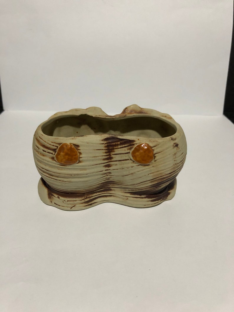May include: A small, ceramic planter with a brown and white striped design. The planter has two small, round, orange accents on the front.