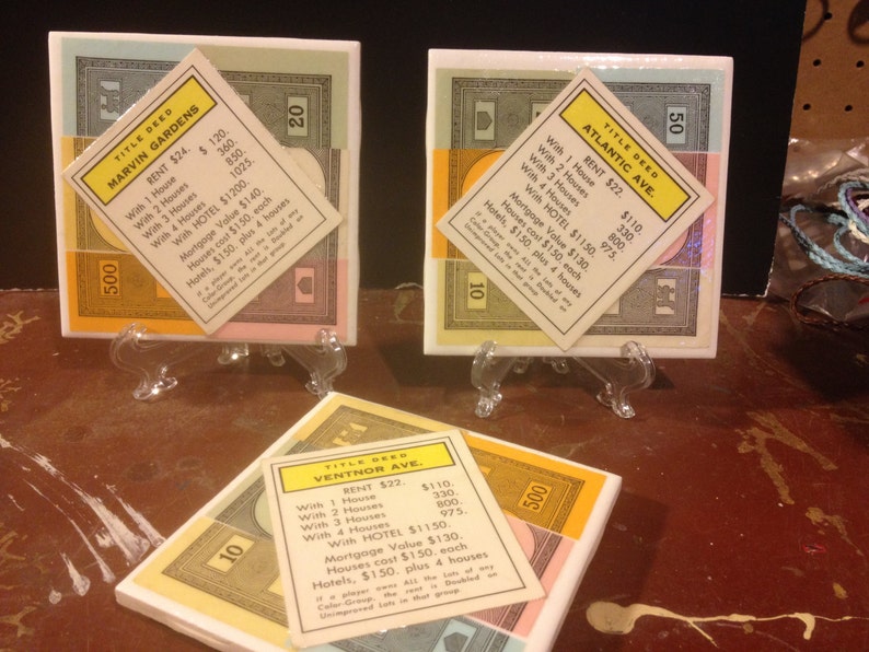 Set of 3 Monopoly Tile Coasters Yellow Properties Etsy